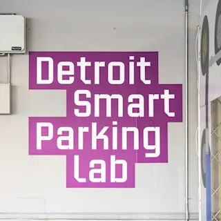 Detroit Smart Parking Lab signage at The Assembly Garage. 