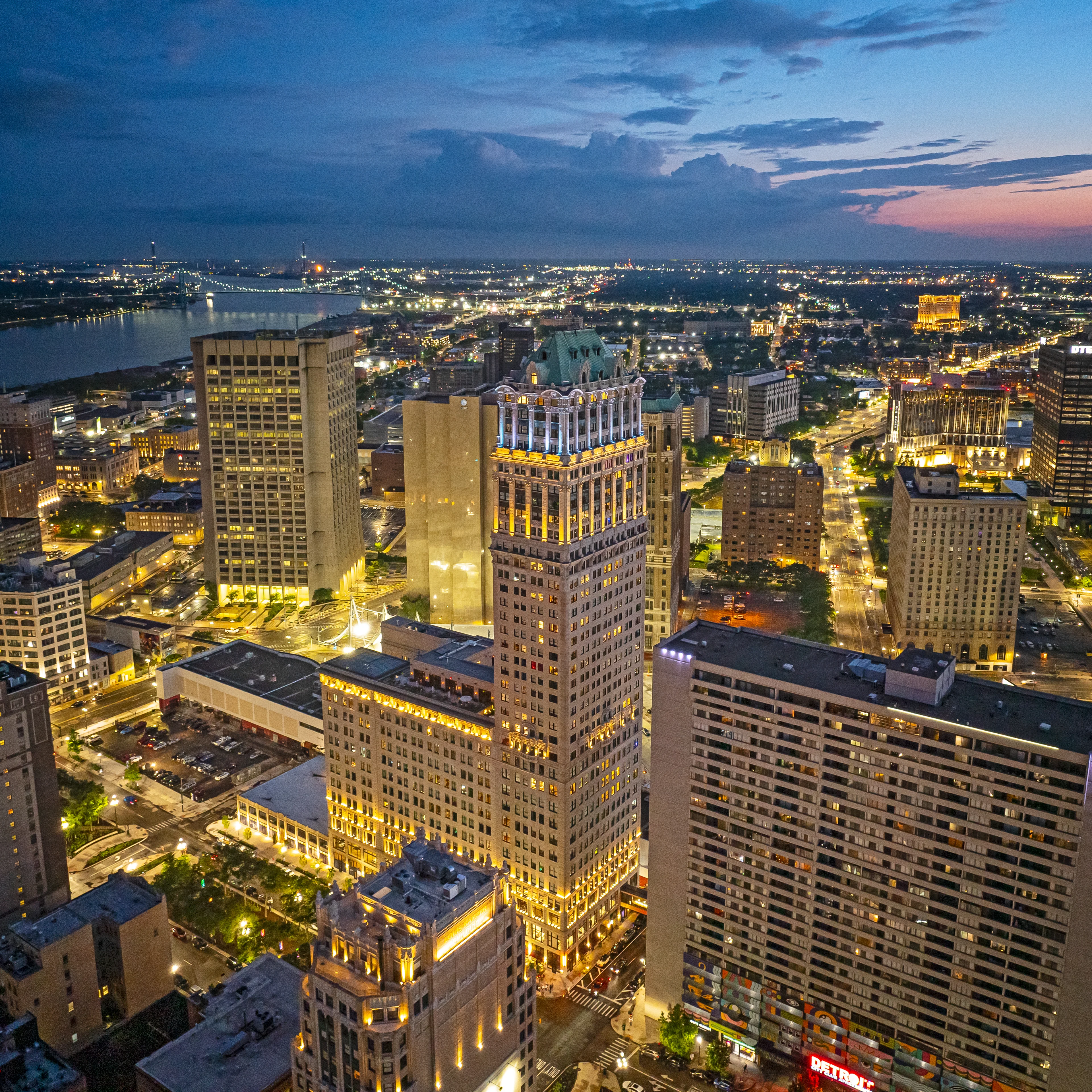 Aerial view of Book Tower at dusk. 