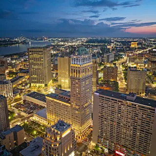 Aerial view of Book Tower at dusk. 