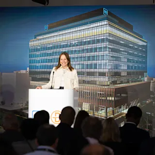 Mary Barra, CEO of General Motors, speaks at Hudson's press conference. 