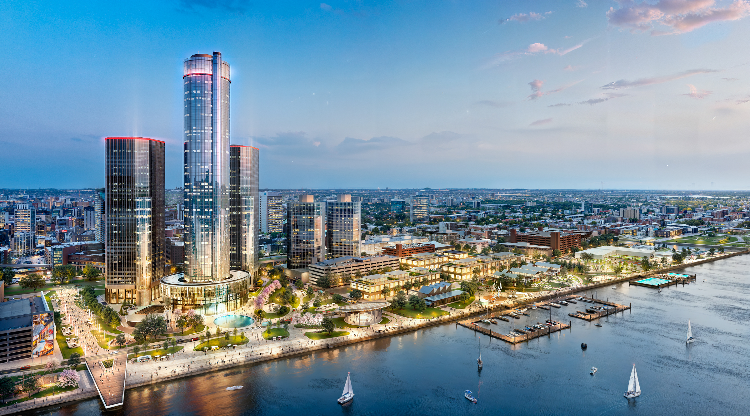 A conceptual rendering of the Detroit East Riverfront, featuring a renovated Renaissance Center and other prospective developments, such as a boat dock and entertainment venues.