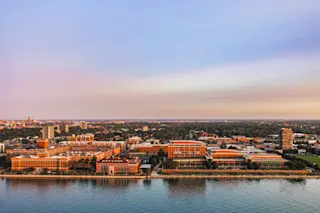 An aerial photo of 1000 River Place and the surrounding Riverwalk area.