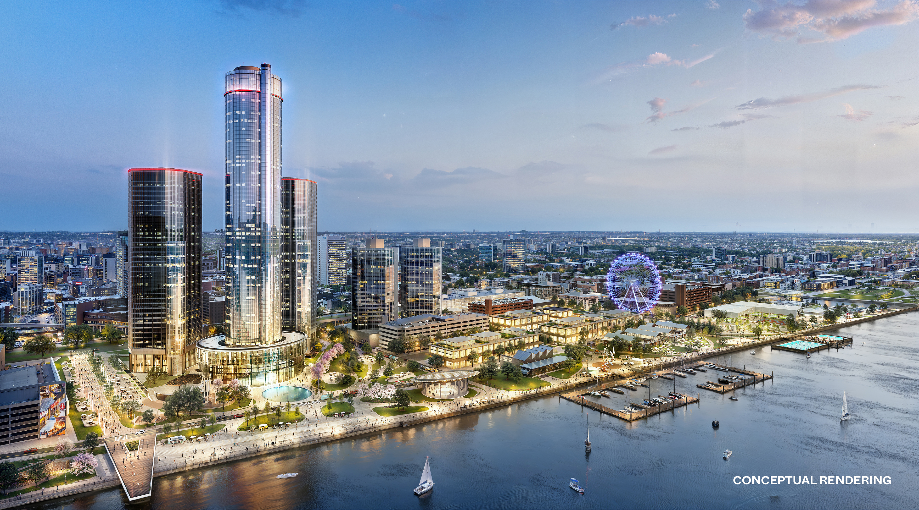 Conceptual rendering of Bedrock’s 2026 master plan for Detroit’s east riverfront. 