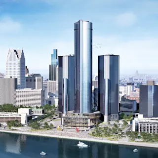 Conceptual rendering of Renaissance Center and Detroit Riverfront development. 