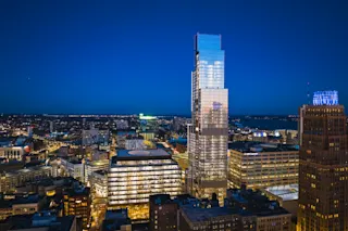 Aerial view of Hudson's Detroit at night. 
