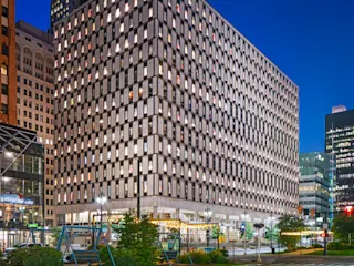 Exterior of Chase Tower at night. 
