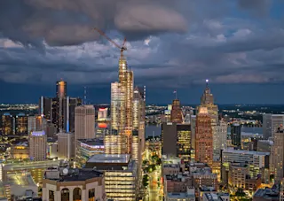 Aerial of Detroit city skyline. 