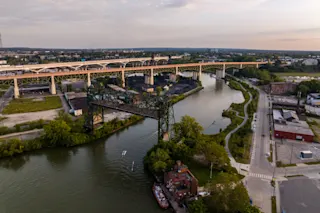 An aerial photo of the Downtown Cleveland Riverfront.