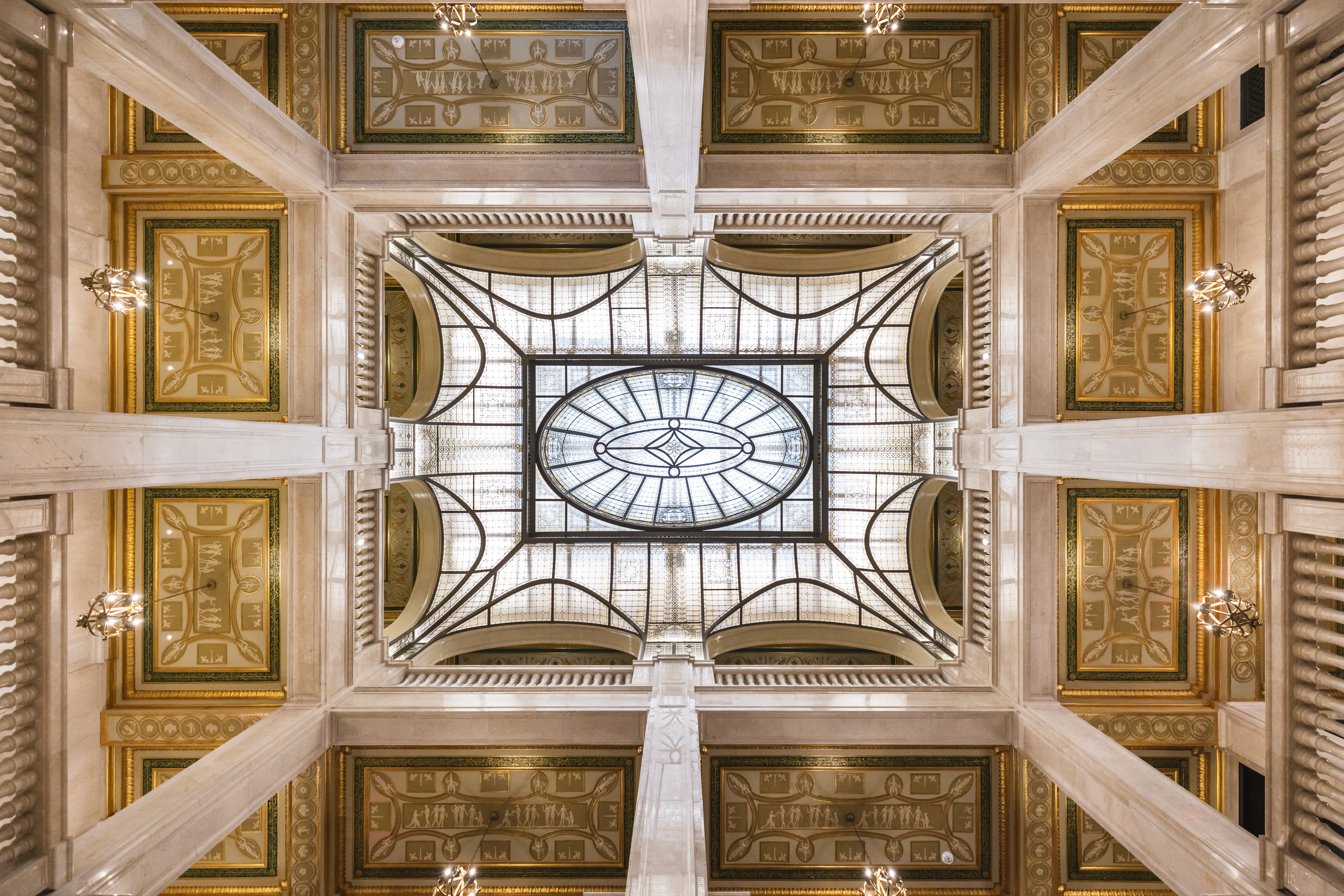 An interior photo of the atrium ceiling at Book Tower.