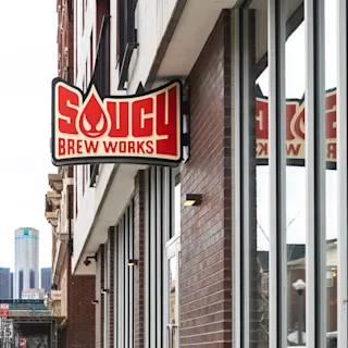 Exterior of Saucy Brew Works signage. 