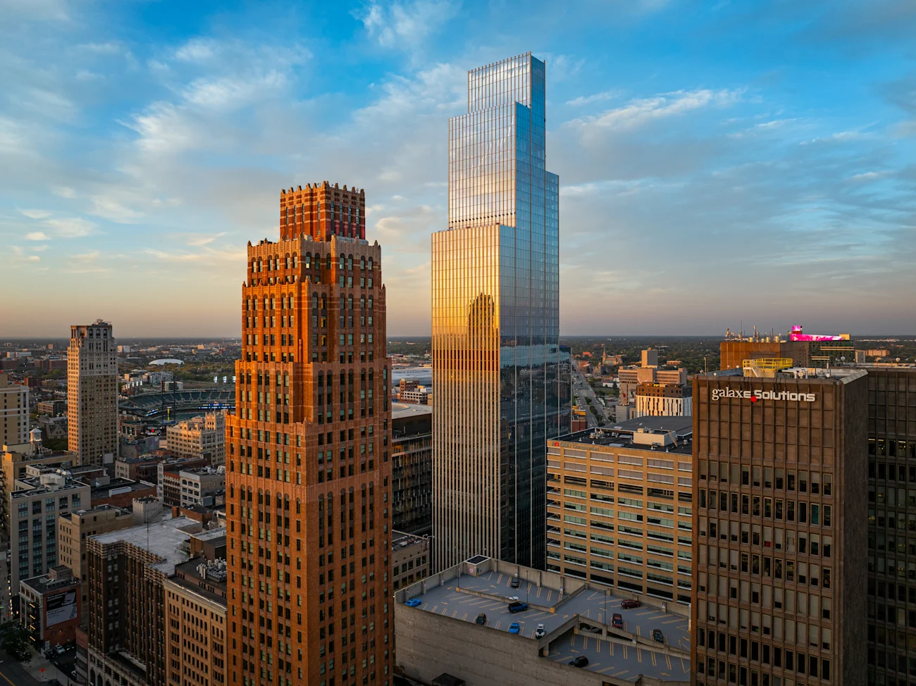 Aerial view of The Stott and Hudson's Detroit. 