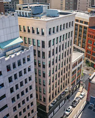 Aerial photo of 35W in downtown Detroit showcasing the street and ground level retail.