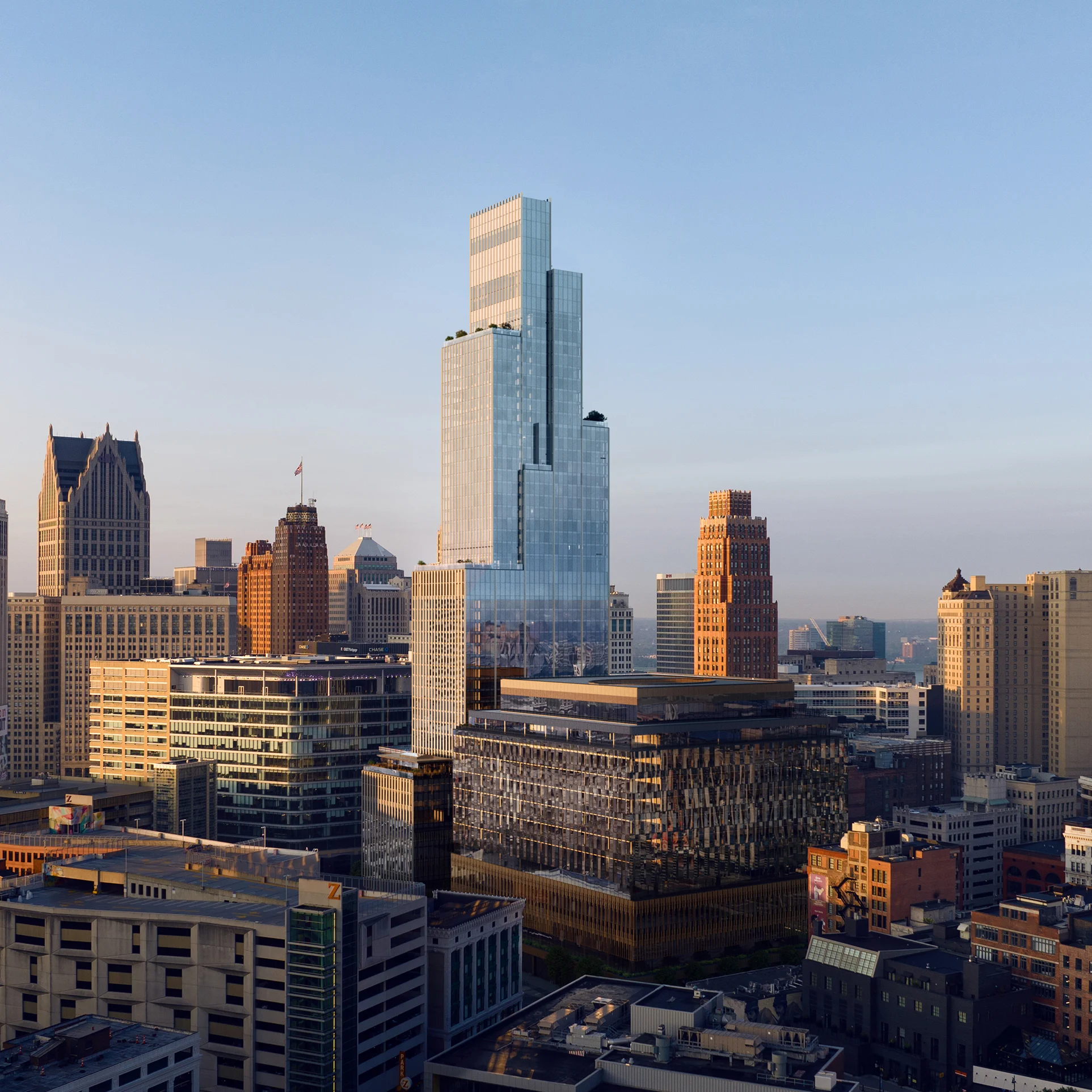 Aerial view of Hudson's Detroit and surrounding city. 