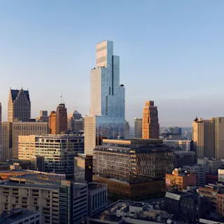 Aerial view of Hudson's Detroit and surrounding city. 