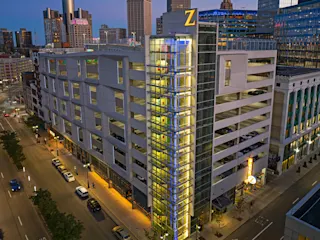 Aerial view of The Z Garage at night. 