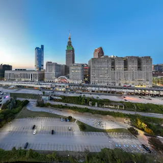 Aerial view of Cleveland skyline and Tower City Center. 