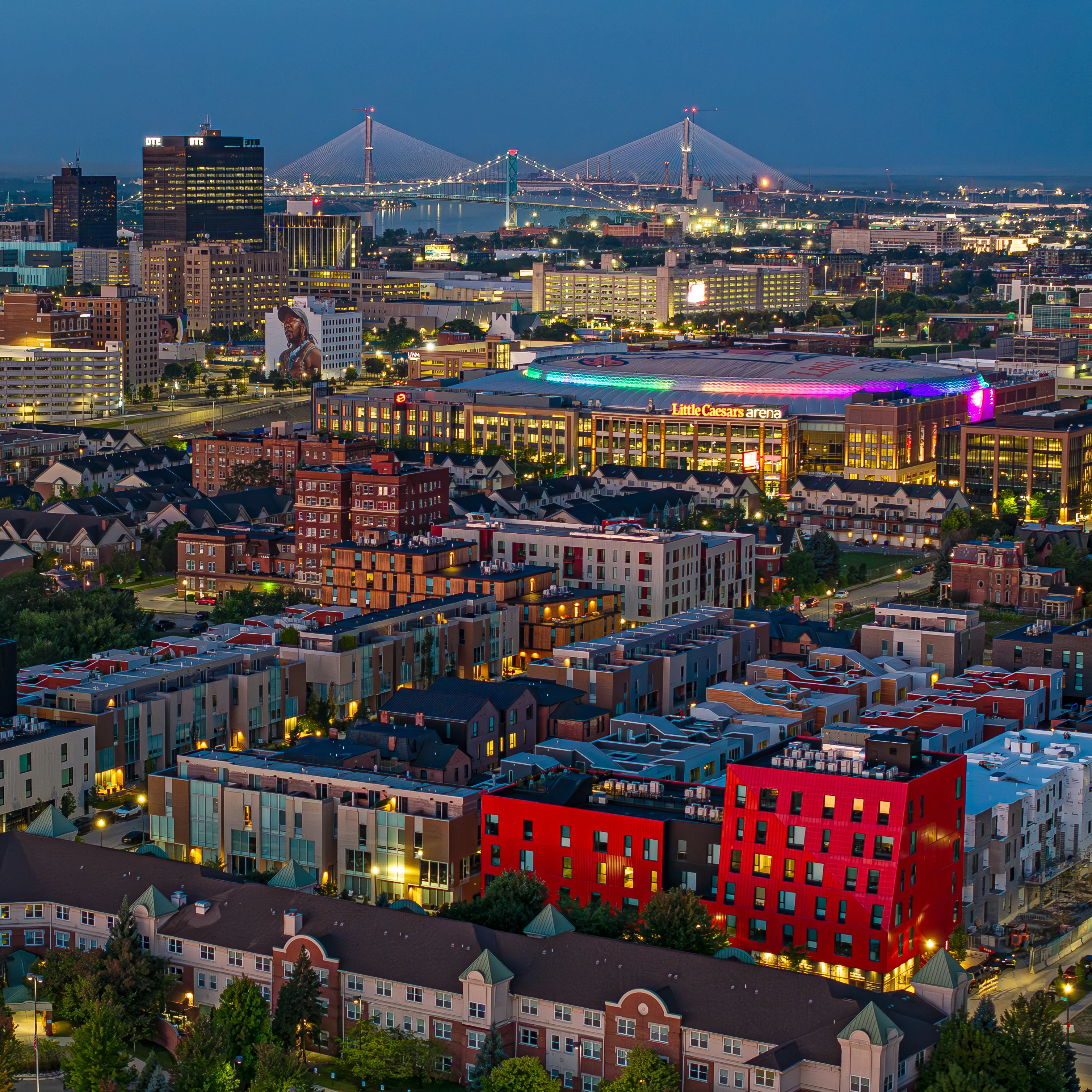 Aerial view of City Modern in Brush Park with Detroit city skyline. 