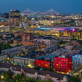 Aerial view of City Modern in Brush Park with Detroit city skyline. 