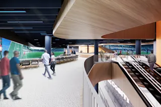 Rendering of Cosm interior featuring escalators.