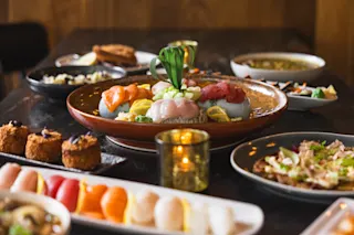 A photo of sushi and other foods at Soraya at the Federal Reserve Building.