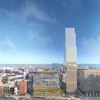 Rendering of an aerial view of Hudson's Detroit upon construction completion. 