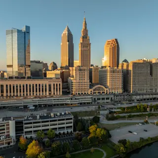 Aerial view of Cleveland city skyline. 