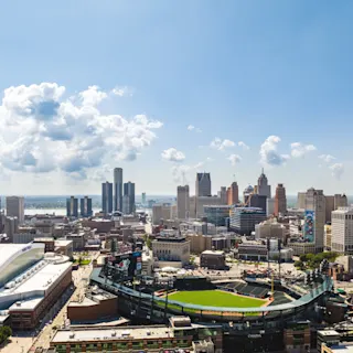 Aerial of Detroit skyline and Tiger's Stadium. 