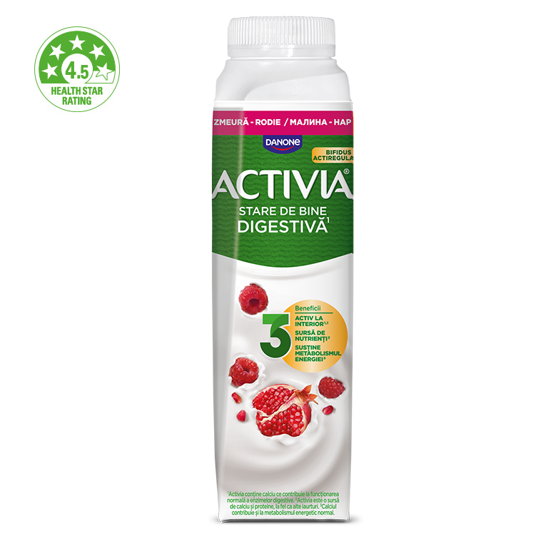 Danone Activia gránátalma-málna ízű zsírszegény fermentált tejtermék Bifidus ActiRegularis-al. Zsírtartalom: 1,2% (m/m). Gyümölcstartalom: 3%
