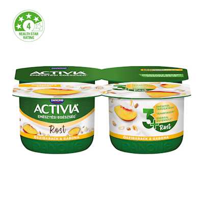 Activia élőflórás őszibarackos joghurt mazsolával, gabonákkal és Bifidus ActiRegularis kultúrával.