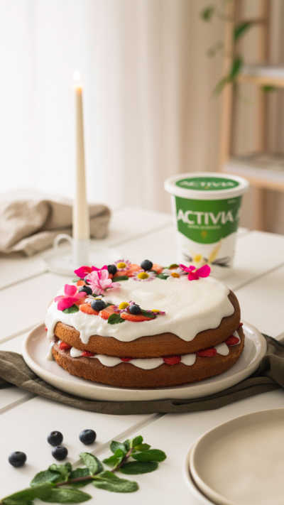 Lighter Cake Icing with Fresh Flower Garnish
