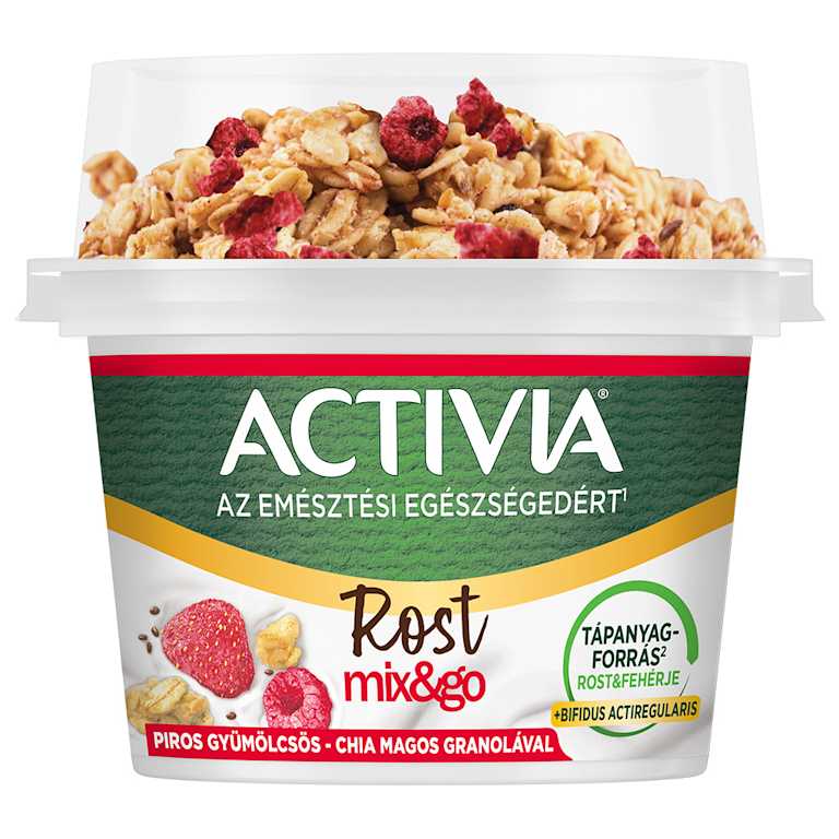 Édesített, fermentált tejalapú készítmény és granola pirosgyümölcsökkel és chia maggal (12%).
