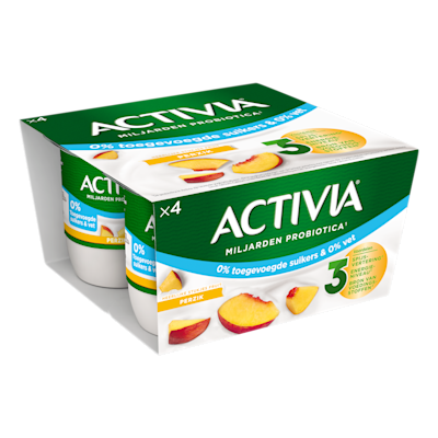 Activia 0% Yoghurt Perzik is een heerlijke combinatie van milde yoghurt en stukjes perzik met 0% toegevoegde suikers en 0% vet.