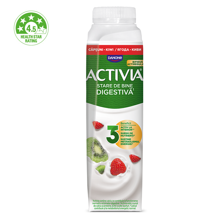 Danone Activia eper-kivi ízű zsírszegény fermentált tejtermék Bifidus ActiRegularis-al. Zsírtartalom: 1,2% (m/m). Gyümölcstartalom: 2%