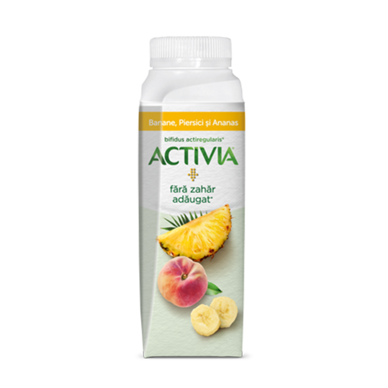 Activia de băut cu Banane, Piersici și Ananas Fără Zahăr Adăugat