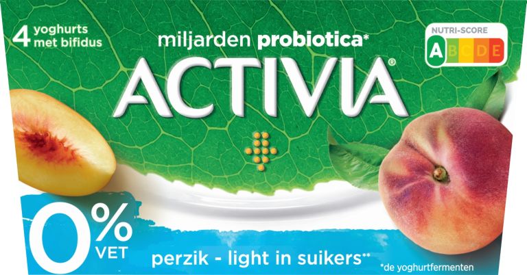 Activia Perzik 0%, dat is de zachtheid van Activia met fruit, zonder vet en licht in suikers!