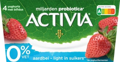 Activia Aardbei 0%, dat is de zachtheid van Activia met fruit, zonder vet en licht in suikers!