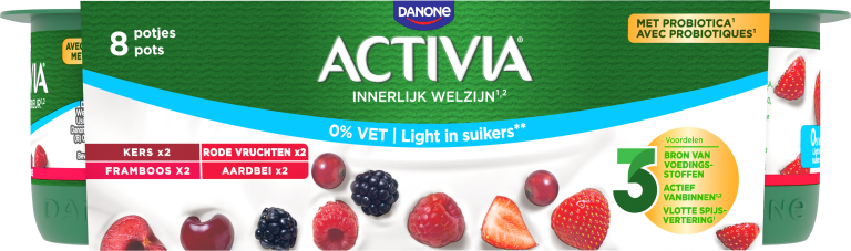 Activia Fruit 0%, dat is de zachtheid van Activia met fruit, zonder vet en licht in suikers!