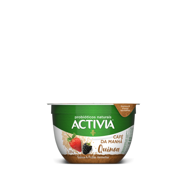 Combinação exclusiva da massa deliciosa de Activia com bilhões de probióticos naturais, o supergrão quinoa e deliciosos pedaços de frutas vermelhas.