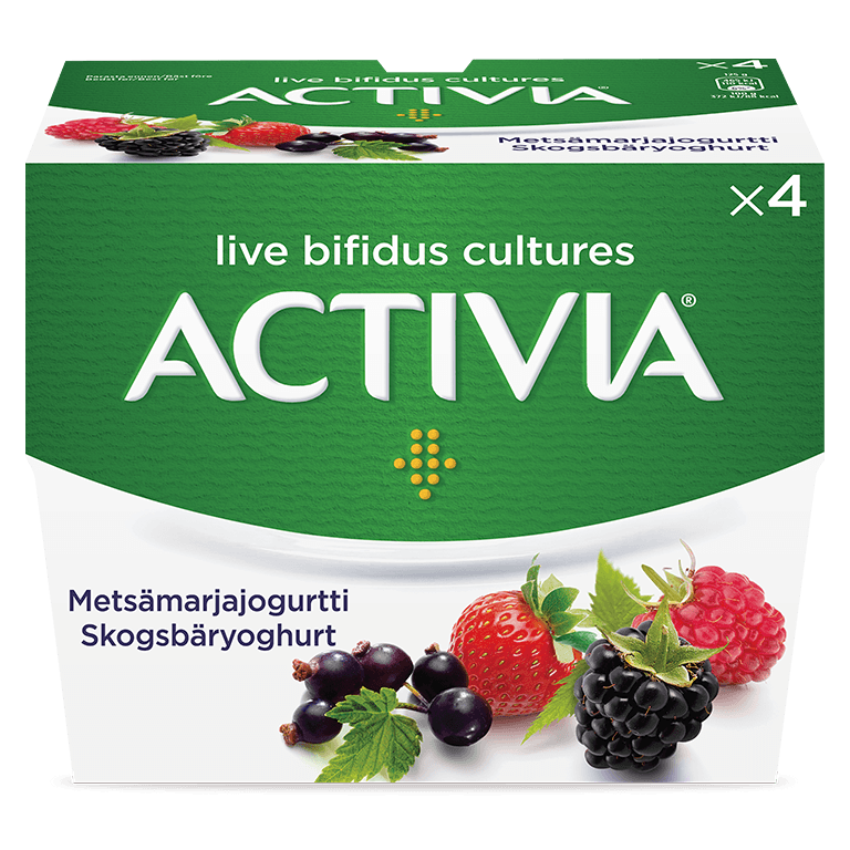 Activia metsämarjajogurtti - hyvä maku ja pehmeä koostumus. Miljardeja eläviä bifidobakteereja. Yhdistelmä 5 eri bakteeria.