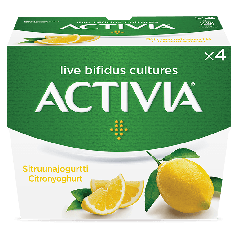 Activia sitruunajogurtti - hyvä maku ja pehmeä koostumus. Miljardeja eläviä bifidobakteereja. Yhdistelmä 5 eri bakteeria.