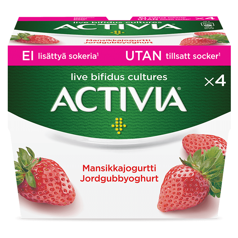 Activia mansikkajogurtti  - ei lisättyä sokeria. Hyvä maku ja pehmeä koostumus. Miljardeja eläviä bifidobakteereja. Yhdistelmä 5 eri bakteeria.