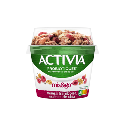 Activia Mix & Go* Muesli, framboises, graines de chia est un produit gourmand qui associe le croquant et la douceur unique d'Activia.

* Mélanger et c'est prêt
