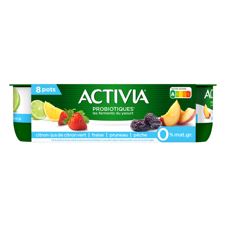 Activia Fruits 0% Probiotiques*, c’est une texture onctueuse aux fruits sans matière grasse ! Retrouvez la Pêche, la fraise ou encore le Pruneau.

*Activia contient les ferments du yaourts qui sont des probiotiques. Ils vous aident à digérer le lactose du produit si vous avez du mal à le digérer. 
Les probiotiques sont de bonnes bactéries qui, quand elles se trouvent en quantité suffisante, ont une action bénéfique sur la santé. À consommer dans le cadre d’une alimentation équilibrée et d’un mode de vie sain.