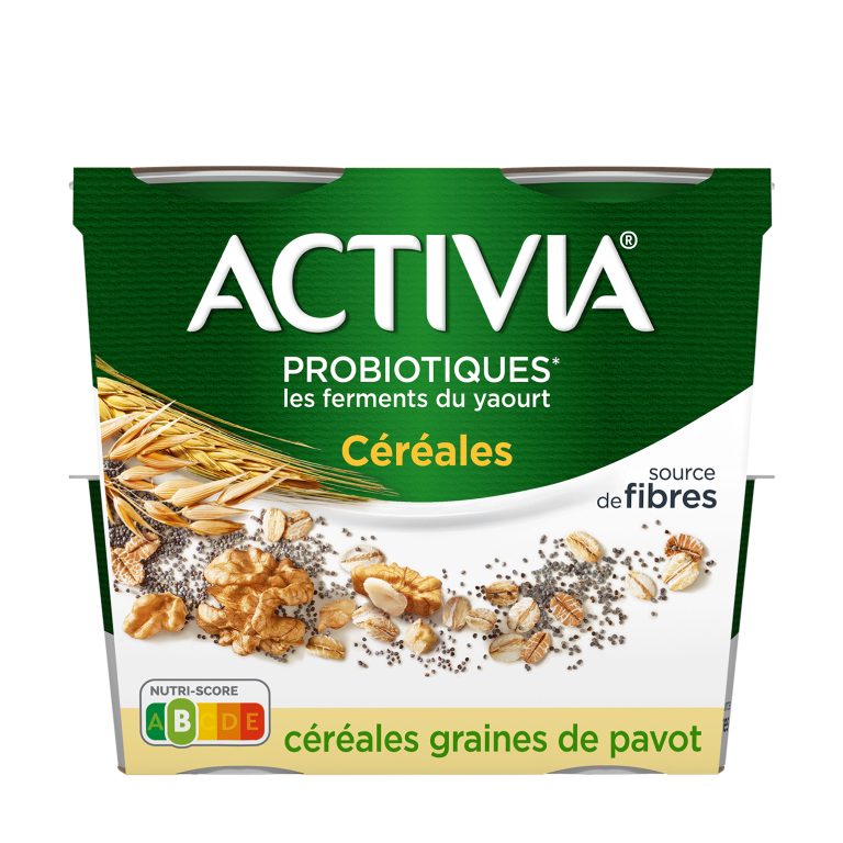 L'onctuosité d'Activia dans une selection gourmande de céréales, découvrez Activia Céréales Graines de Pavot. Le tout source de fibre. 
