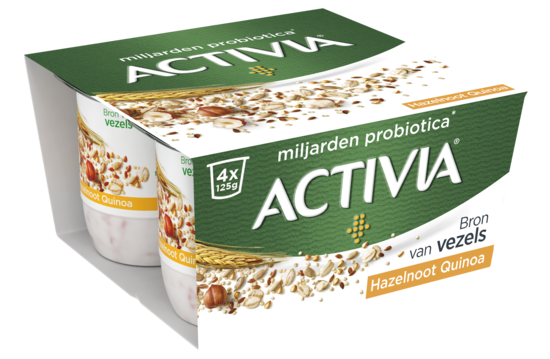 Activia Hazelnoot Quinoa - milde yoghurt en een mix van granen, quinoa, hazelnoten, pitten en zaden. Een bron van vezels. 