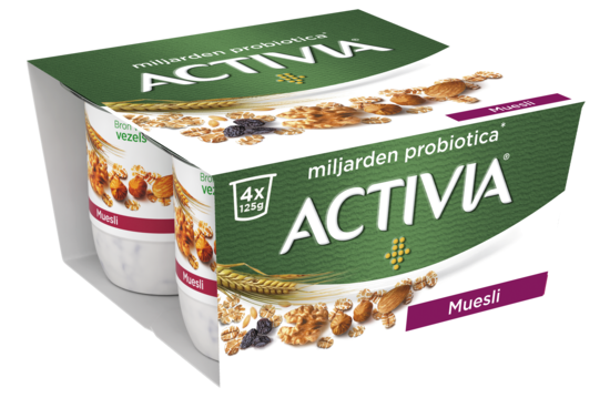 Activia Yoghurt Muesli - milde yoghurt en een mix van granen, noten en rozijnen.