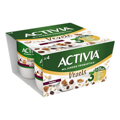 Activia Yoghurt Muesli - milde yoghurt en een mix van granen, noten en rozijnen.