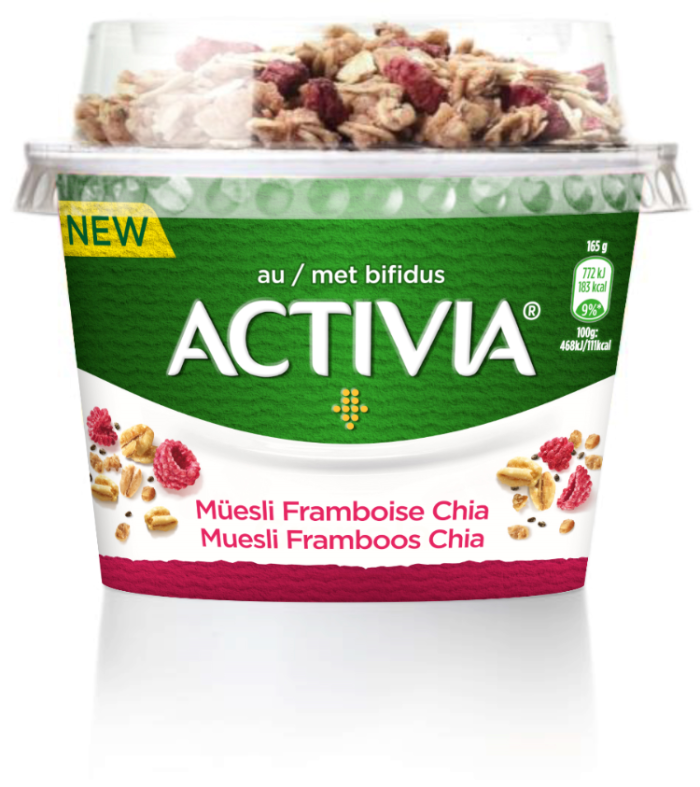 Een milde naturel yoghurt met exclusieve yoghurtculturen en een topping van muesli met framboos en chiazaden.