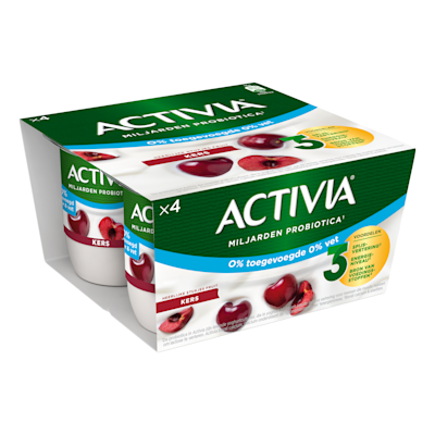 Activia 0% Yoghurt Kers is een heerlijke combinatie van milde yoghurt en stukjes kers met 0% toegevoegde suikers en 0% vet.