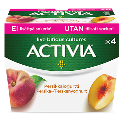 Activia persikayoghurt - utan tillsatt socker. God smak och krämig konsistens. Miljarder av levande bifidobakterier. En kombination av 5 olika bakterier.